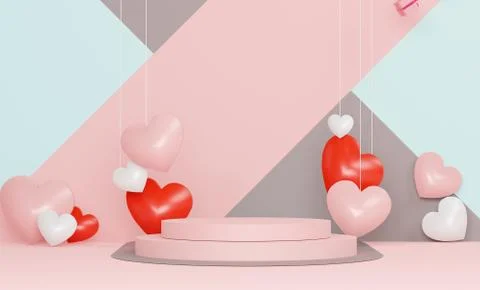 Glossy luxury podium for your design. Pink gift box, Pink balloon and heart o Stock Illustration