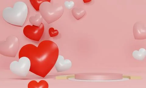 Glossy luxury podium for your design. Pink gift box, Pink balloon and heart o Stock Illustration