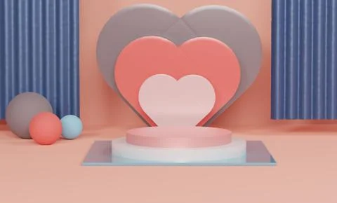 Glossy luxury podium for your design. Pink gift box, Pink balloon and heart o Stock Illustration
