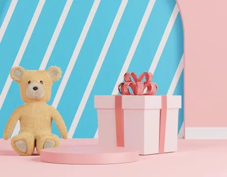 Glossy luxury podium for your design. Pink gift box, Teddy bear and Pink ball Stock Illustration