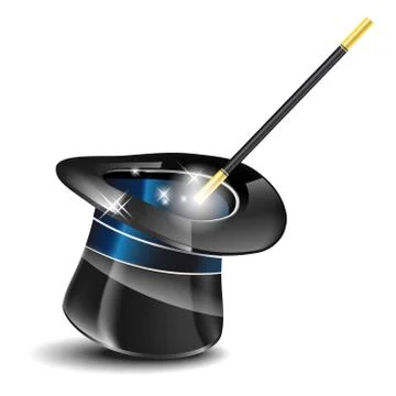 Glossy magic hat and wand on white background Stock Illustration