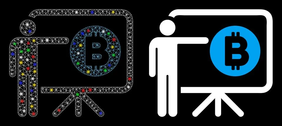 Glossy Mesh 2D Bitcoin Lecture Board Icon with Light Spots Illustrazione stock