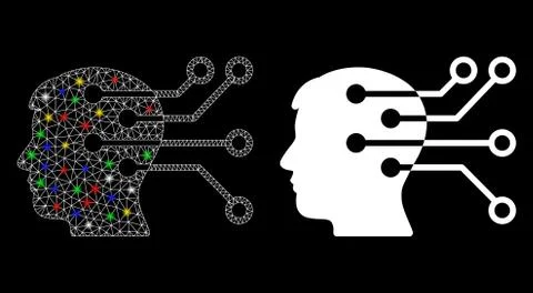 Glossy Mesh 2D Brain Interface Circuit Icon with Light Spots Illustrazione stock
