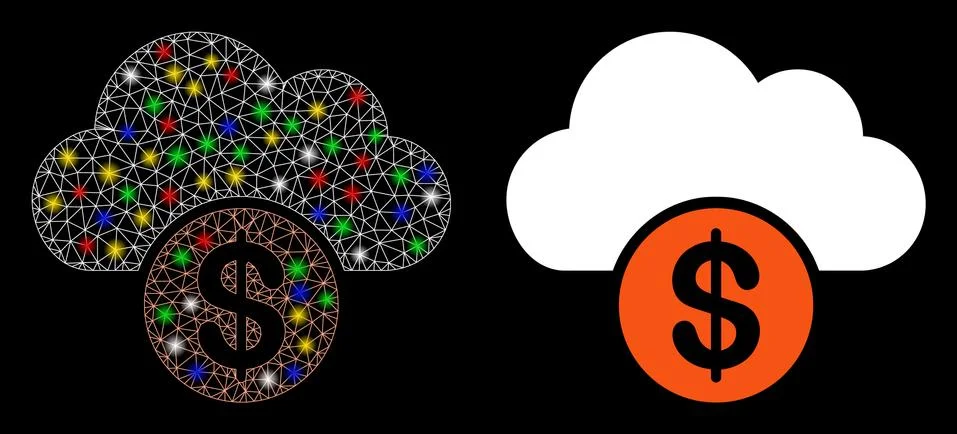 Glossy Mesh 2D Cloud Dollar Icon with Flash Spots Stock Illustration