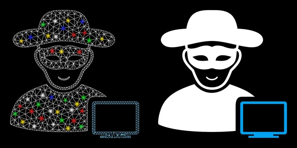 Glossy Mesh 2D Computer Hacker Icon with Flash Spots Stock Illustration