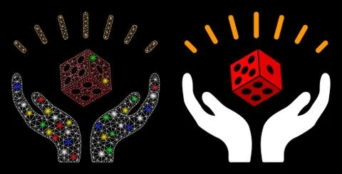 Glossy Mesh 2D Dice Win Hands Icon with Light Spots Illustrazione stock