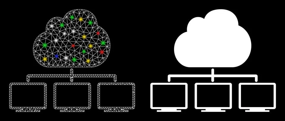 Glossy Mesh Carcass Cloud Network Hierarchy Icon with Flare Spots イラスト素材