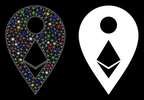 Glossy Mesh Carcass Ethereum Map Marker Icon with Flare Spots Illustrazione stock