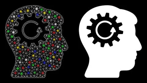 Glossy Mesh Carcass Head Gear Rotation Icon with Light Spots Stock Illustration