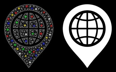 Glossy Mesh Network Globe Map Marker Icon with Flash Spots Illustrazione stock