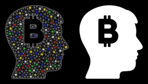 Glossy Mesh Network Mental Bitcoin Icon with Light Spots Stock Illustration