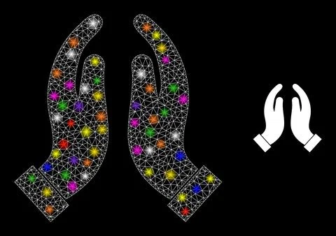 Glossy Mesh Praying Hands Icon with Constellation Colored Lightspots Stock Illustration