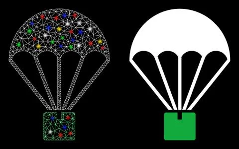 Glossy Mesh Wire Frame Cargo Parachute Icon with Flash Spots 스톡 일러스트