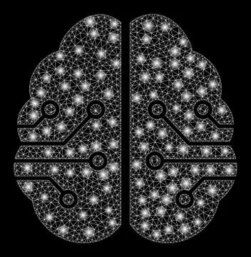 Glossy Mesh Wire Frame Electronic Brain with Light Spots Stock Illustration