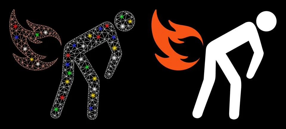 Glossy Mesh Wire Frame Fire Farting Icon with Light Spots Stock Illustration