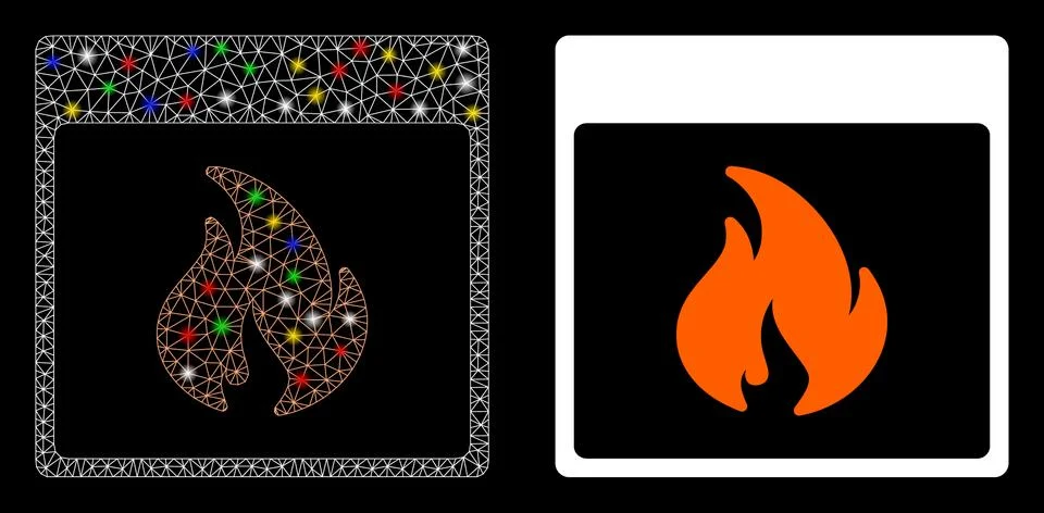 Glossy Mesh Wire Frame Fire Calendar Page Icon with Flash Spots Illustrazione stock