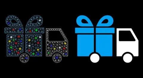Glossy Mesh Wire Frame Gift Delivery Van Icon with Flash Spots Stockillustratie
