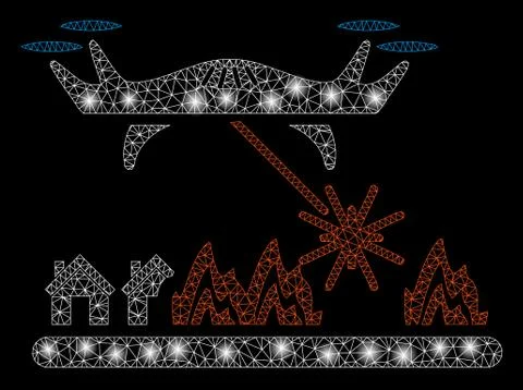 Glossy Mesh Wire Frame Laser Drone Attacks Village with Light Spots Illustrazione stock