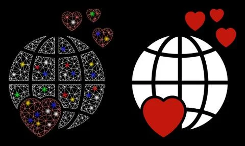 Glossy Mesh Wire Frame Lovely Planet Icon with Flash Spots 스톡 일러스트
