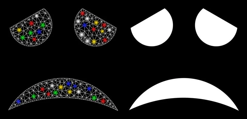 Glossy Mesh Wire Frame Sad Face Smiley Icon with Light Spots Stock Illustration