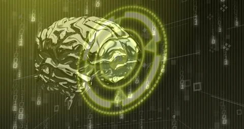 Glossy metallic brain rotating and tilting right HUD glow starting falling Stock Footage 321121356