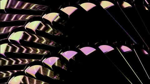 Glossy metallic curved forms in layered diagonal arcs with neon pink, gold, lime Stock Footage 346219301