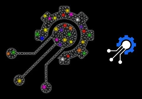 Glossy Net Sensor Cog Icon with Constellation Colorful Light Spots Stock Illustration
