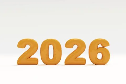 Glossy orange 3D digits forming 2026 on plain white backdrop Stock Illustration