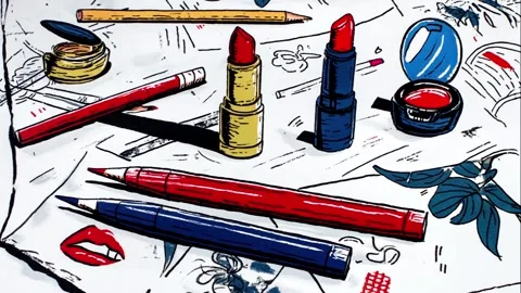 Glossy pattern with foundation bottles, eye shadows, and makeup brushes Video stock 308054880