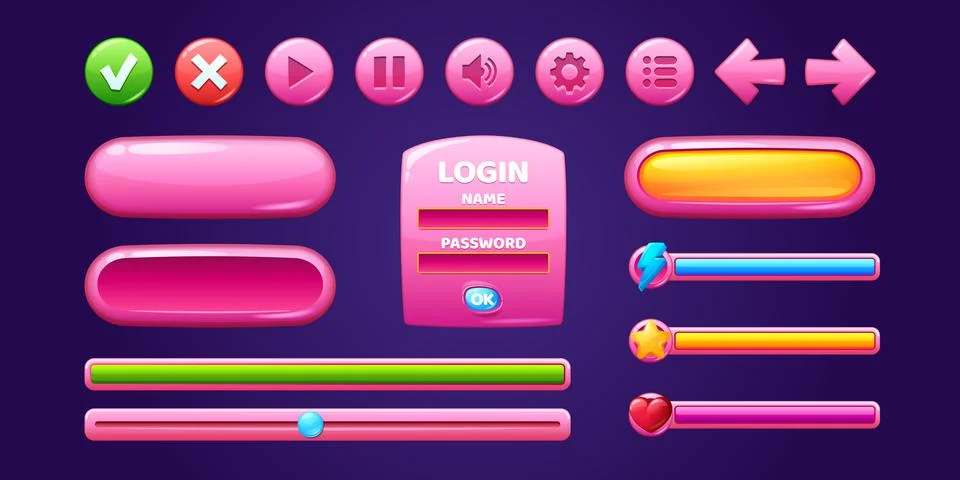 Glossy pink buttons and frames for game design 스톡 일러스트