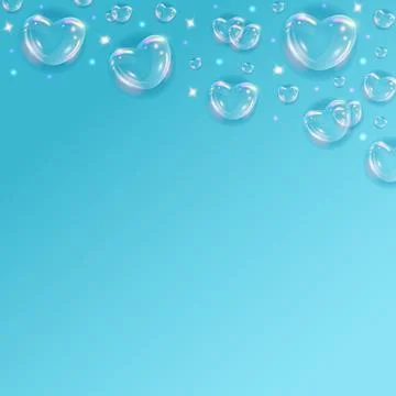 Glossy rainbow soap bubble hearts background. Realistic transparent 3d hear.. Stock Illustration