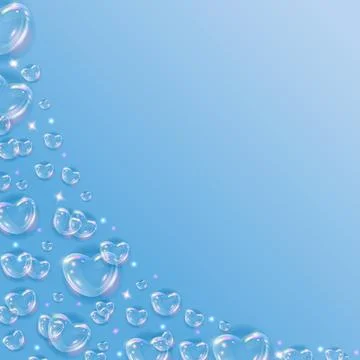 Glossy rainbow soap bubble hearts background. Realistic transparent 3d hear.. Stock Illustration