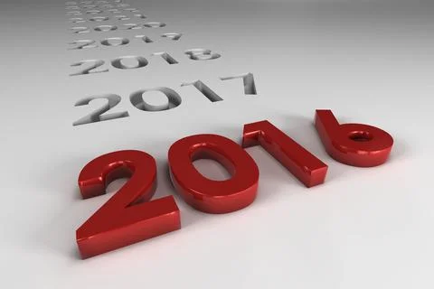 Glossy red 3D 2016 numerals are standing on pale grey gradient plane with Stock Illustration