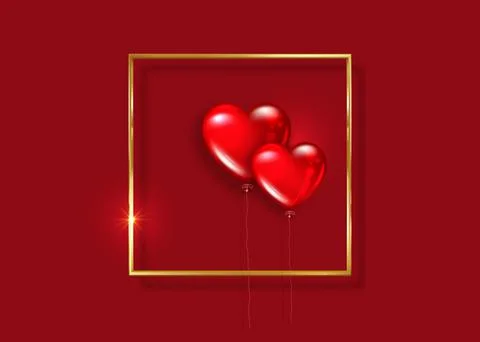 Glossy red balloons heart shape on gold frame, vector isolated on red Stock Illustration