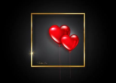Glossy red balloons heart shape on gold frame,  Valentines day holiday Stock Illustration