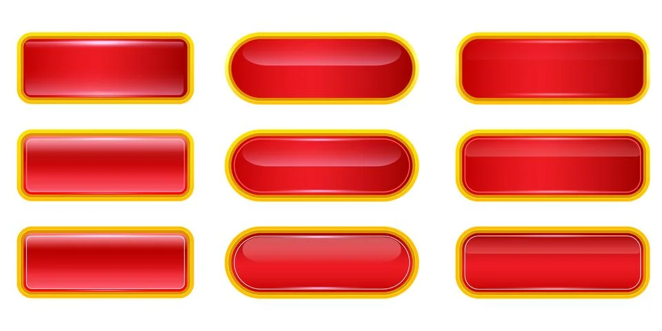 Glossy red buttons with yellow frames set. 3D realistic web buttons elements Stock Illustration