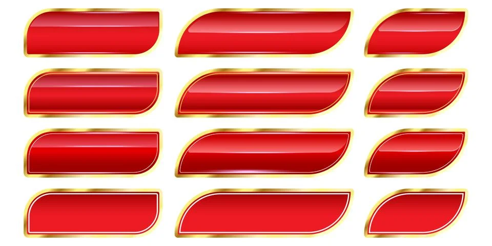 Glossy red game buttons vector set. Blank rounded buttons parallelogram UI Stock Illustration