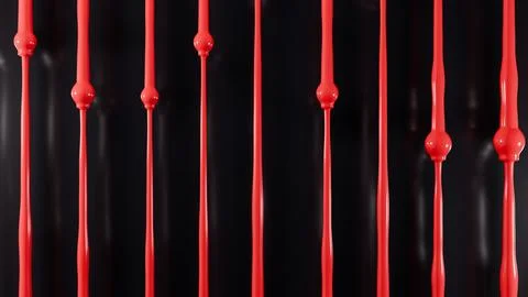 Glossy red paint dripping down vertical streams on black background Stock Illustration