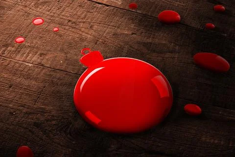 Glossy red sphere is resting on dark wood planks with scattered droplets in 3D Stock Illustration