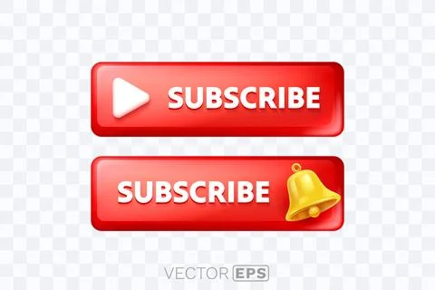 Glossy Red Subscribe Buttons with Play and Notification Bell Icons. Illustrazione stock
