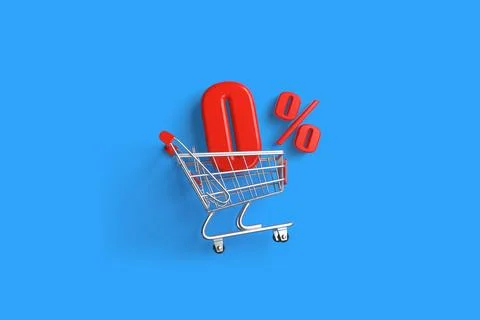 Glossy red zero percent Discount Sign in a shopping cart on a blue background イラスト素材