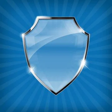 Glossy security shield on blue background Stock Illustration