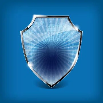 Glossy security shield on blue background Stock Illustration