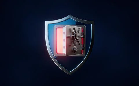 Glossy shield and safe box, 3d rendering. Illustrazione stock