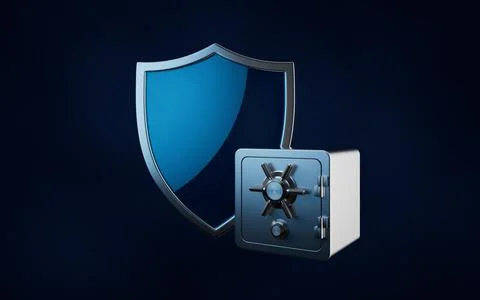 Glossy shield and safe box, 3d rendering. Stock-Illustration