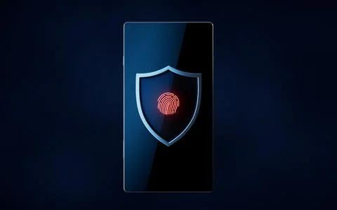 Glossy shield with fingerprint identification on mobile phone, 3d rendering. Stock Illustration