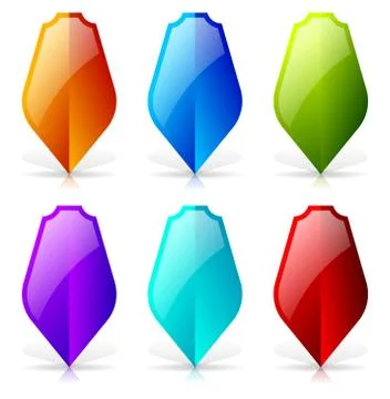 Glossy shields with reflection and shadow - Blank shield icon-shape in 6 colo Ilustración de archivo
