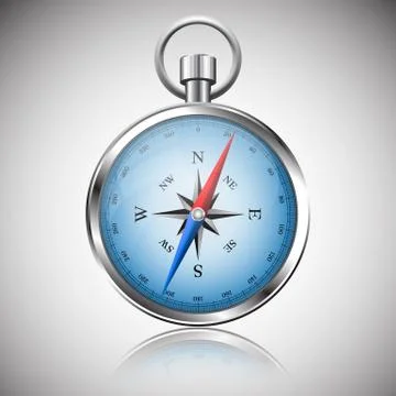 Glossy Silver Compass with windrose and reflection. Vector Illustration. Illustrazione stock