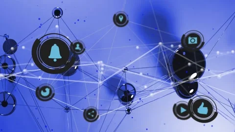 Glossy sphere 3D network shifting view, drawing badges forward and lighting Stock Footage 331026806