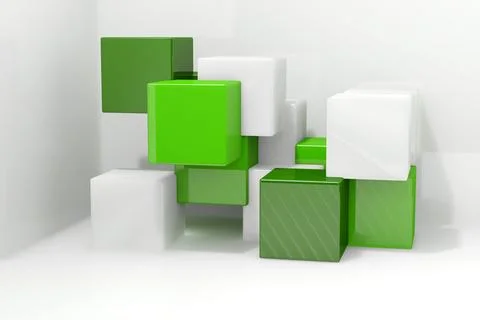 Glossy translucent green and white cubes are floating in 3D white studio space 库存插图